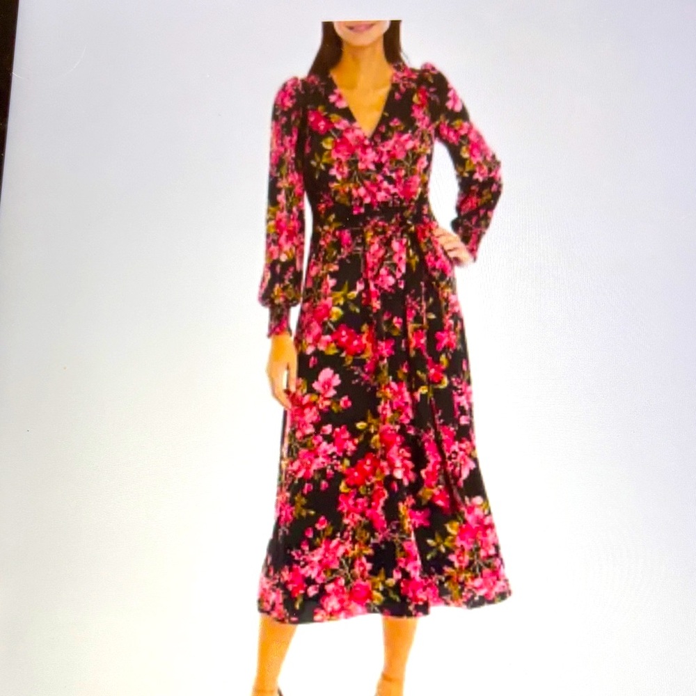 The Limited Black and Pink Floral Long Sleeve, Surplice Dress, Size L, NWT